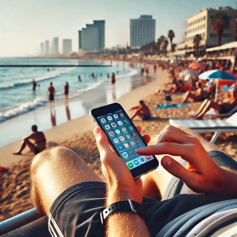 DALL·E 2025 01 14 16.08.43 A person using a smartphone on a beach in Tel Aviv, with the Mediterranean Sea in the background. The individual is sitting on a towel or reclining in