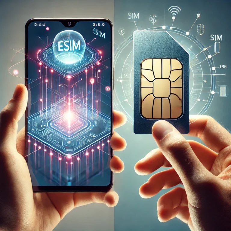 DALL·E 2025 01 14 16.35.44 An artistic comparison between eSIM and a traditional SIM card. On one side, show a modern smartphone with a digital, holographic eSIM icon floating a