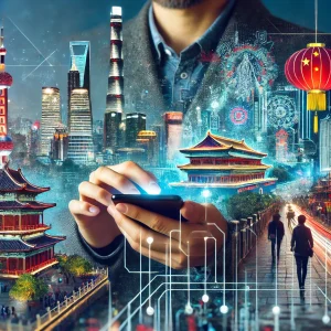 DALL·E 2025 01 14 17.20.46 An artistic representation of a person using a smartphone in China, with iconic elements of Chinese culture in the background. The person is holding t